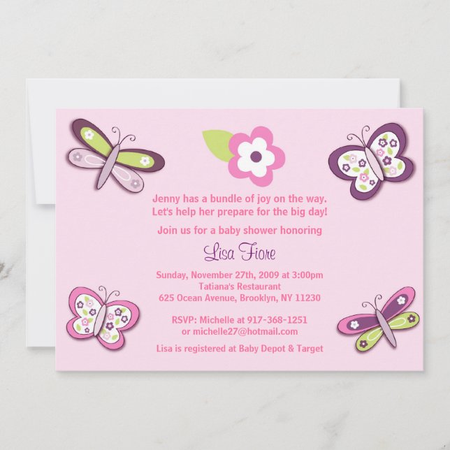 Plum Butterfly Dragonfly Baby Shower Invitations (Front)