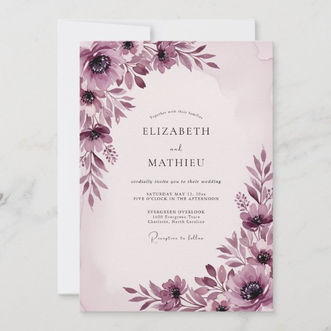 Plum Captivating Botanical Wedding Invitation (Front)