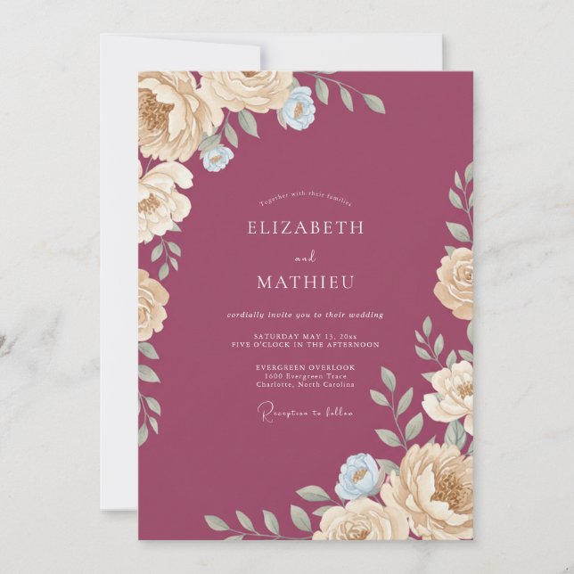 Plum Champagne Leafy Wedding Invitation (Front)