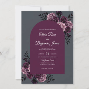 Plum Charcoal Peony Wedding Invitation