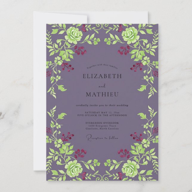 Plum Chartreuse Rose Wedding Invitation (Front)