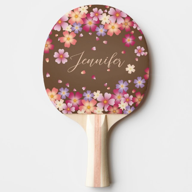 Plum & Cherry Blossoms on Autumn Brown Ping Pong Paddle (Front)