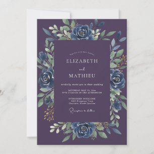 Plum Cobalt Rose Wedding Invitation