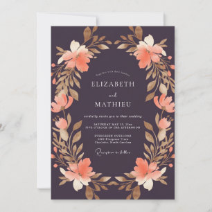 Plum Coral Wreath Wedding Invitation