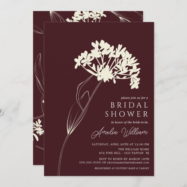Plum & Cream Modern Floral Bridal Shower Invitation (Front/Back)