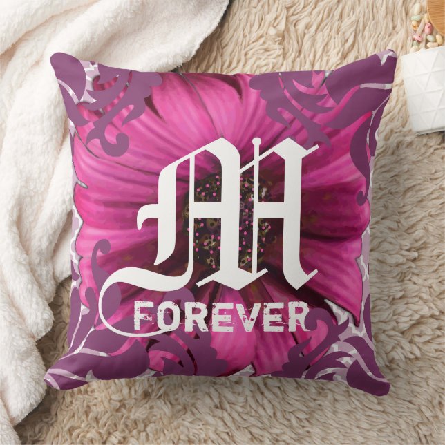Plum Custom Gerber Daisy Monogram Wedding Date Throw Pillow (Blanket)