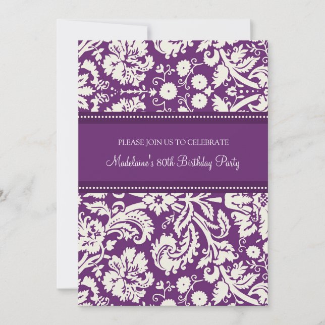 Plum Damask 80th Birthday Party Invitations (Front)