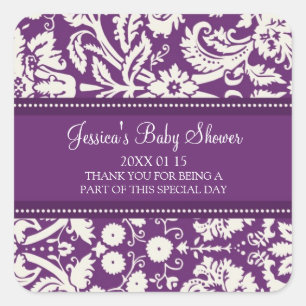 Plum Damask Baby Shower Favour Stickers
