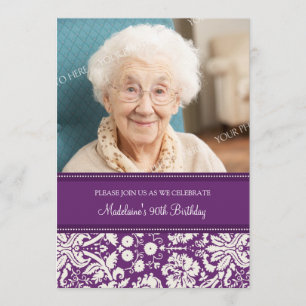 Plum Damask Photo 90th Birthday Party Invitations