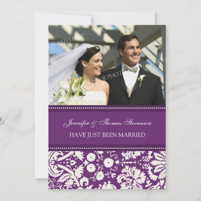 Plum Damask Photo Just Married Announcement Cards (Front)