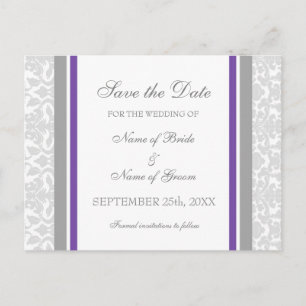 Plum Damask Save the Date Wedding Postcards