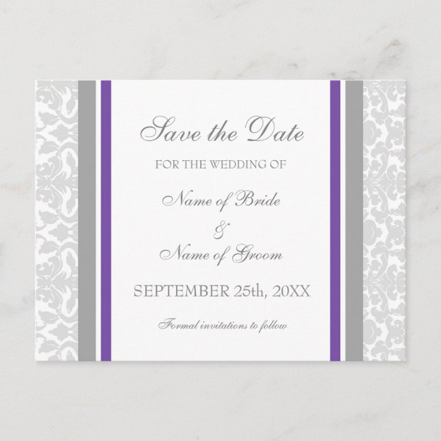 Plum Damask Save the Date Wedding Postcards (Front)