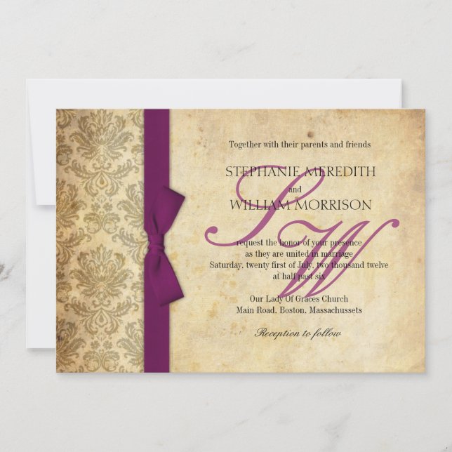 Plum Damask Vintage Bow Wedding Invitation (Front)