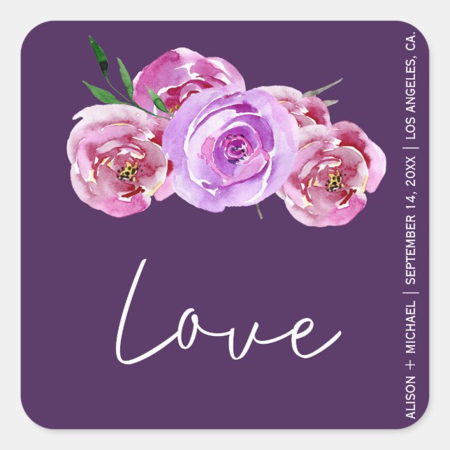 Plum dark purple pink peonies wedding  love script square sticker (Front)