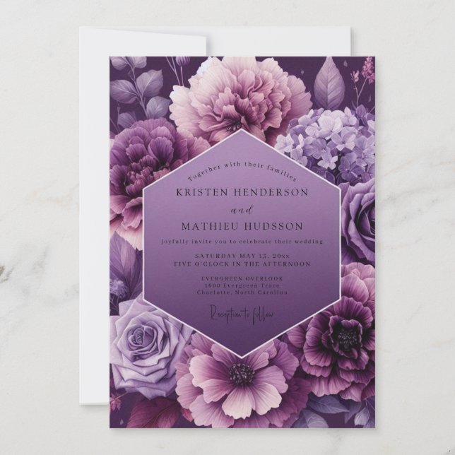 Plum Dramatic Floral Wedding Invitation (Front)