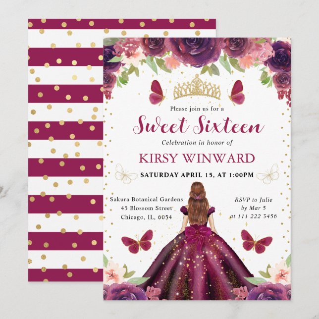 Plum Dress Red Haired Princess Sweet 16 Invitation (Front/Back)