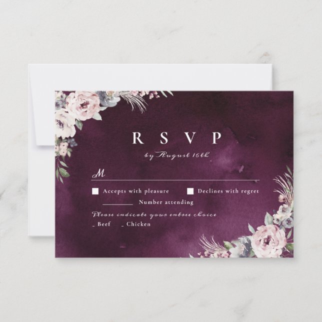 Plum & dusty pink boho floral rustic wedding RSVP (Front)