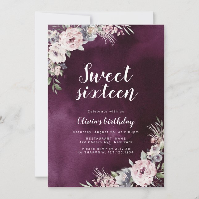 Plum & dusty pink boho floral sweet 16 birthday invitation (Front)