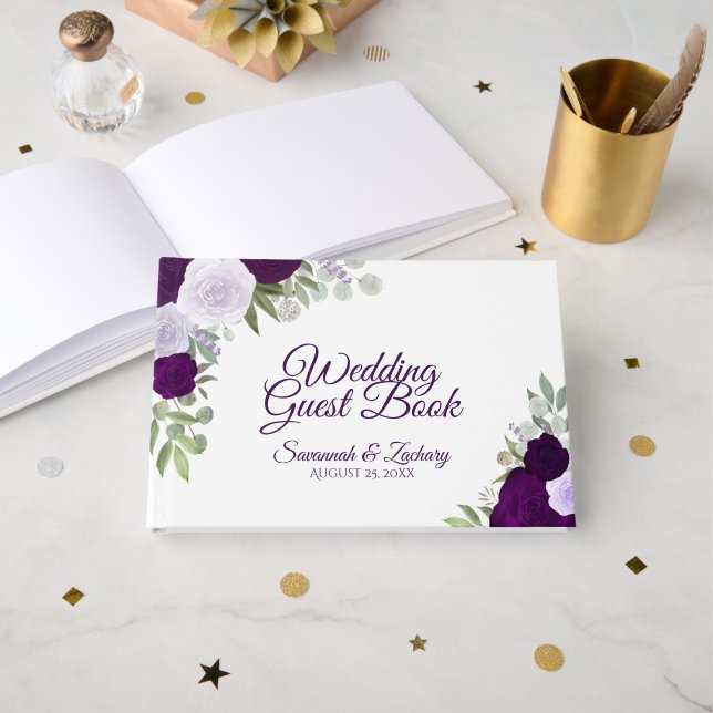 Plum & Dusty Purple Floral Elegant Boho Wedding Guest Book (Front Open)