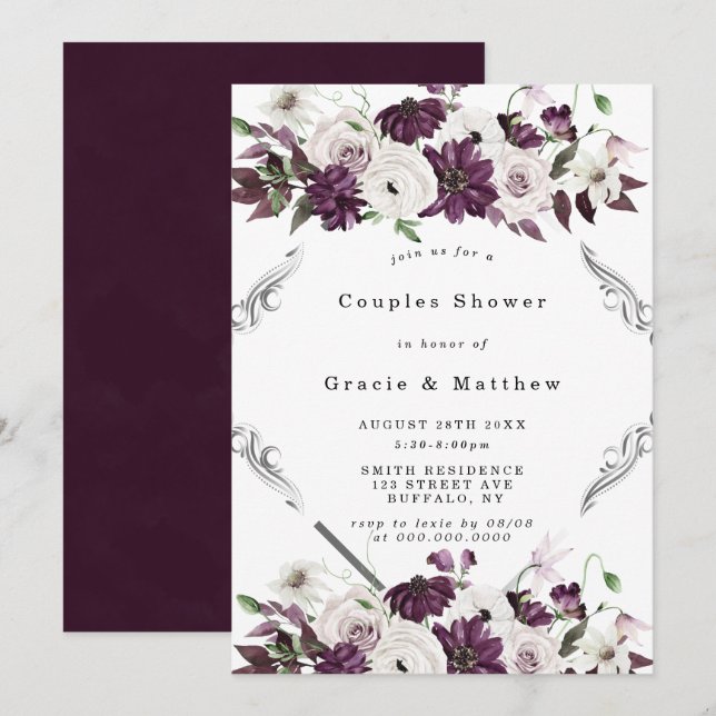 Plum et Argent Couples géométriques Invitations de (Devant / Derrière)