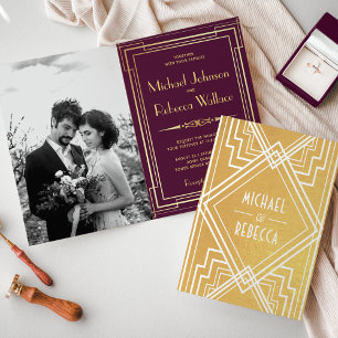Plum et Gold Foil Faire-part de mariage Art déco