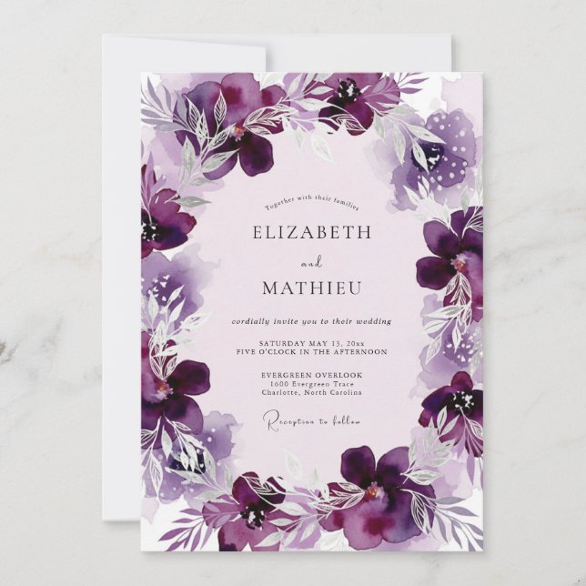 Plum Ethereal Watercolor Wedding Invitation (Front)