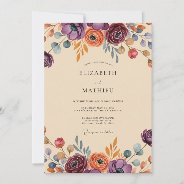 Plum Exuberant Bohemian Wedding Invitation (Front)