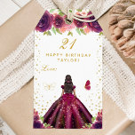 Plum Floral Dark Skin Girl Happy Birthday Gift Tags<br><div class="desc">This elegant and glamourous happy birthday gift tag can be personalized with a name. The design features a beautiful princess with dark hair and dark skin in a plum purple ball gown. The text combines handwritten script and modern sans serif fonts for a classy and sophisticated look. The floral arrangements,...</div>