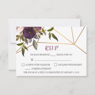 Plum Floral Faux Gold Geometric Wedding RSVP Card