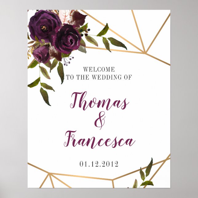 Plum Floral Faux Gold Geometric Welcome Sign 16x20 (Front)