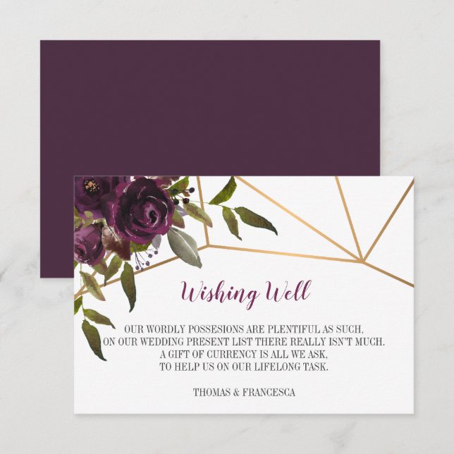 Plum Floral Faux Gold Geometric Wishing Well Card (Front/Back)
