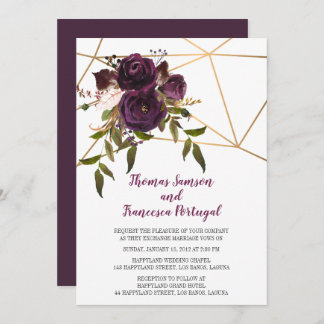 Plum Floral Faux Or Faire-part de mariage géométri