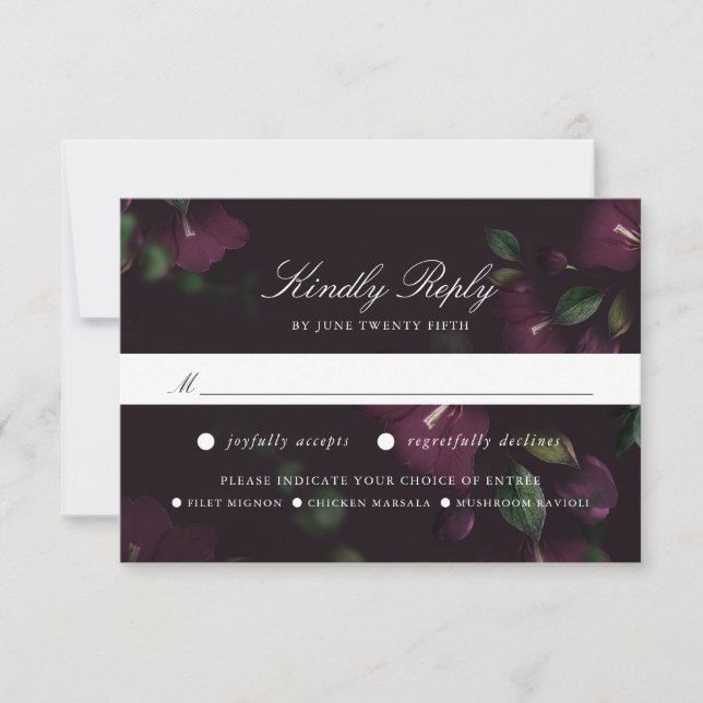 Plum floral foncé | Carte RSVP avec choix de repas (Devant)