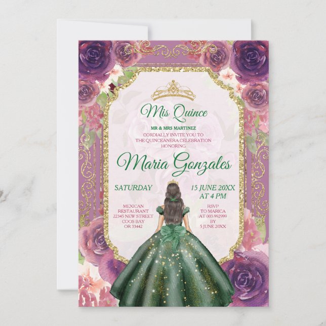 Plum Floral Girl Charra Mis Quince Emerald Green Invitation (Front)