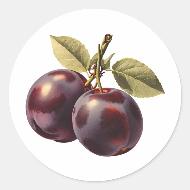 Plum Fruit with Leaves Classic Round Sticker (Front)