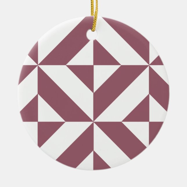 Plum Geometric Deco Cube Pattern Ceramic Ornament (Front)
