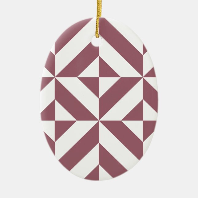 Plum Geometric Deco Cube Pattern Ceramic Ornament (Front)