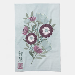 Plum gerbera daisy blue floral bouquet Asian art Kitchen Towel