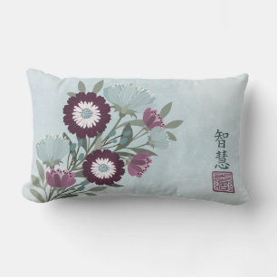 Plum gerbera daisy blue floral bouquet Asian art Lumbar Pillow