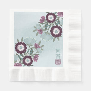 Plum gerbera daisy blue floral bouquet Asian art Napkin