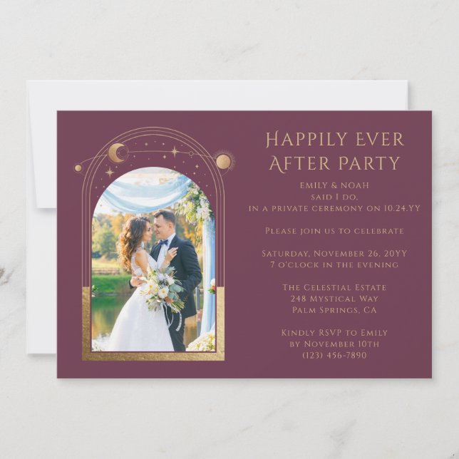 Plum Gold Celestial Happily Ever After Reception Invitation (Front)