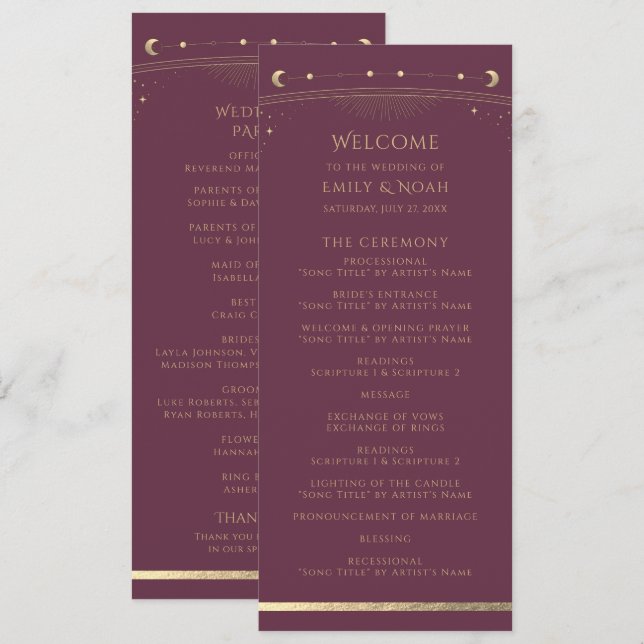 Plum Gold Celestial Sun Moon Stars Wedding Program (Front/Back)