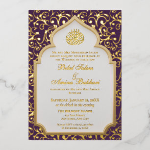 Plum Gold Damask Islamic Arch Wedding Invitation