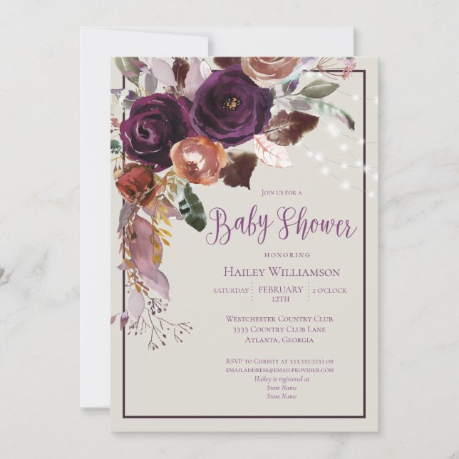 Plum, Gold, Green Floral String Lights Baby Shower Invitation (Front)