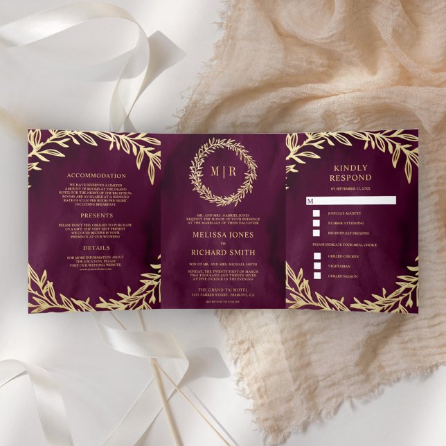Plum Gold Leaf Branch All in One Wedding Tri-Fold Invitation (Creator Uploaded)