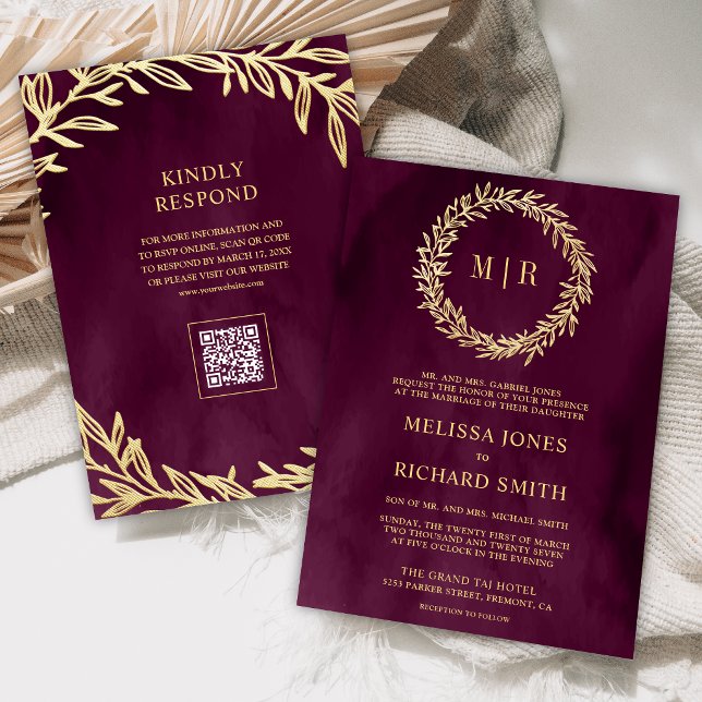 Plum Gold Leaf Branch QR Code Wedding Invitation (Creator Uploaded)