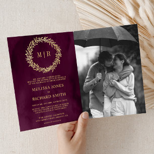 Plum Gold Leaf Branch QR Code Wedding Invitation