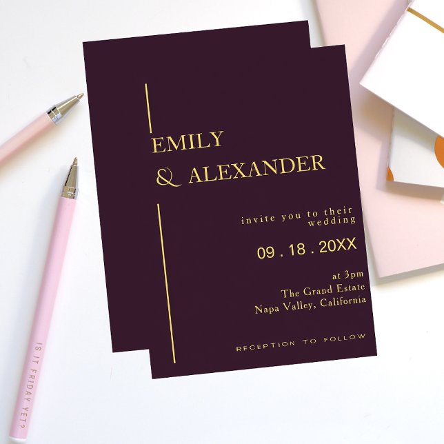 Plum Gold Minimalist Wedding Invitation (Creator Uploaded)