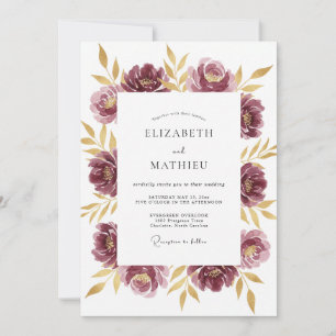 Plum Gold Peony Wedding Invitation