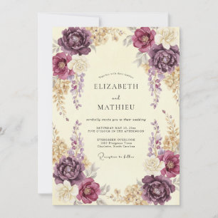 Plum Gold Ranunculus Muted Eucalyptus Wedding Invitation